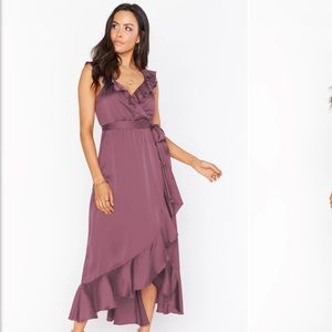 show me your mumu Samantha ruffle wrap dress in dusty plum - M
